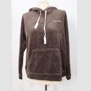 Hale Bob L Brown Velvet Velour Hooded Kangaroo Pocket Sweatshirt Top